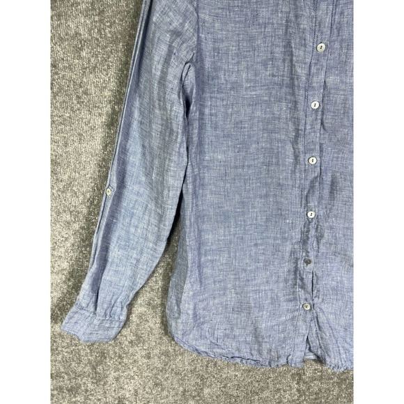 Sigrid Olsen Linen Button Up Shirt Womens Size Medium Blue Roll Tab Sleeve FLAW - Picture 9 of 16